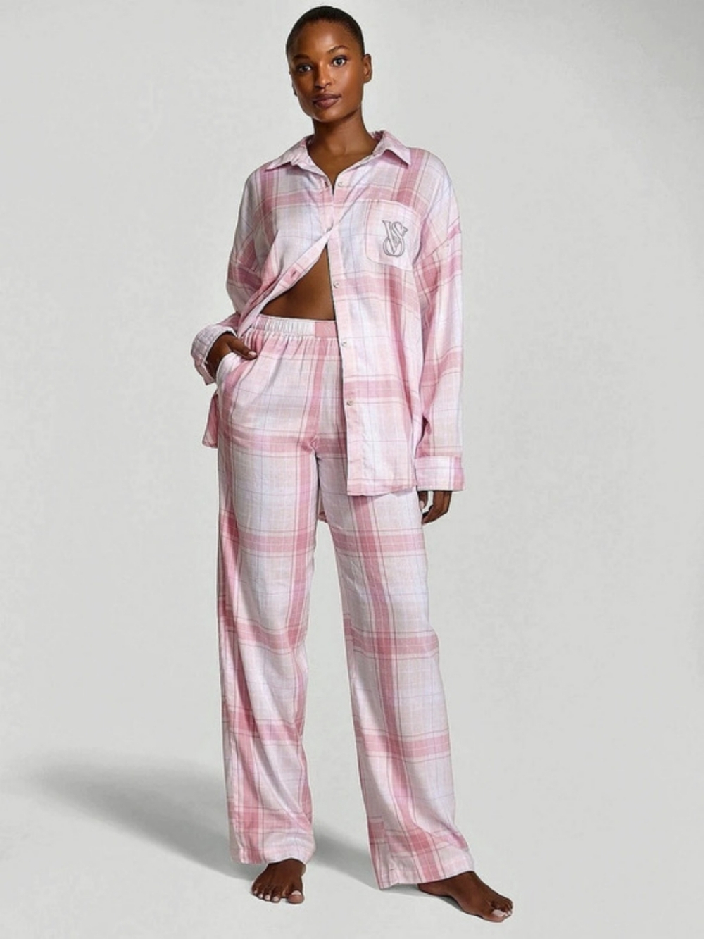 Victoria's Secret Flannel Long Pajama Set Pink Plaid Cotton Pajama Set Size XXL
